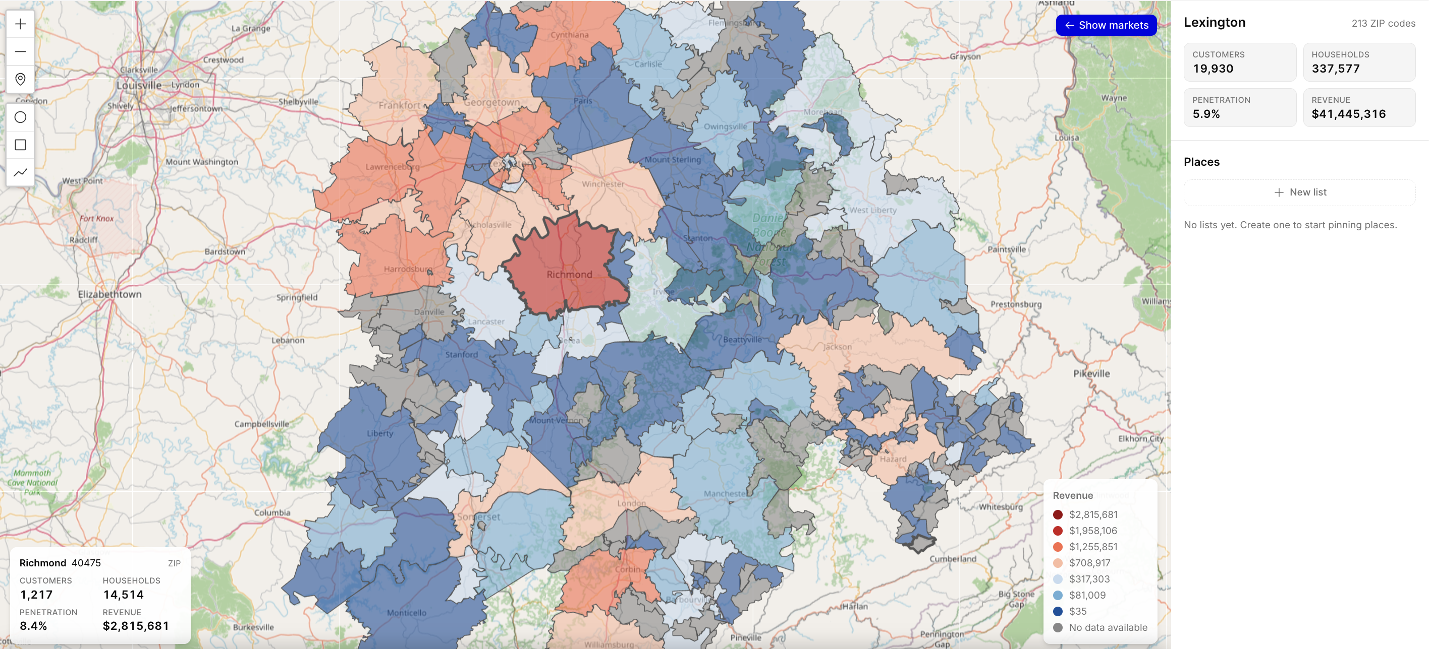 Mackdata heatmap — revenue by ZIP code across the Lexington market, with customers, households and penetration for the selected area