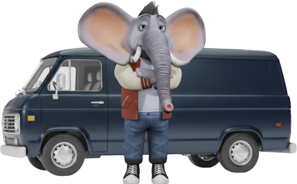 Mack, the Mackdata mascot, with a home services van