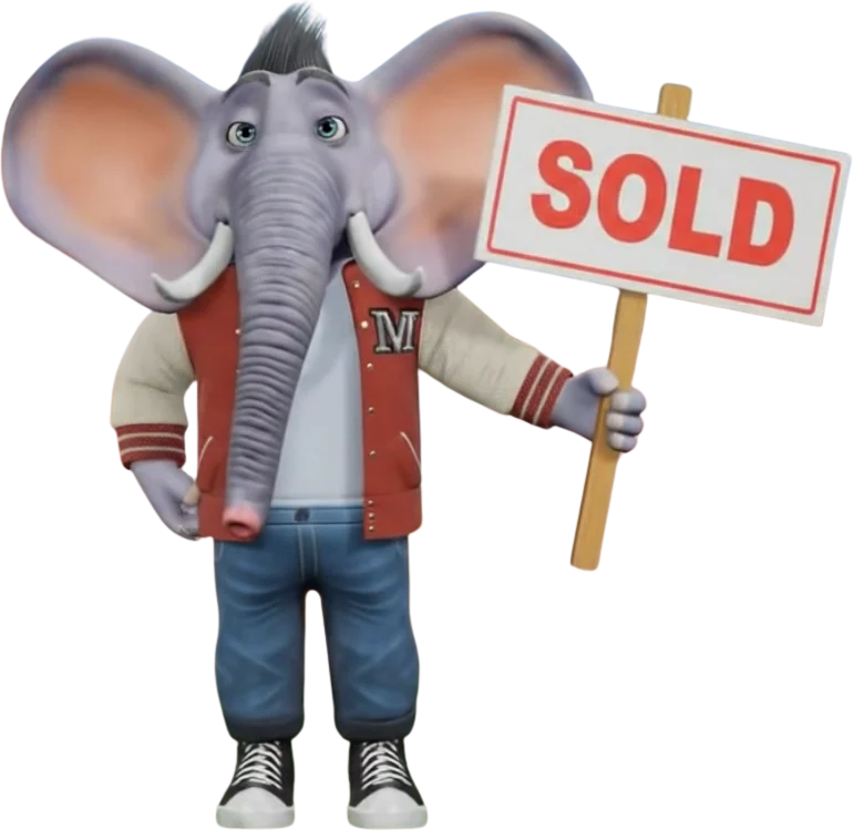 Mack, the Mackdata mascot, holding a sold sign