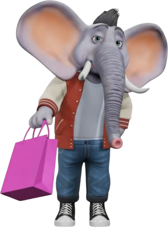 Mack, the Mackdata mascot, carrying a shopping bag